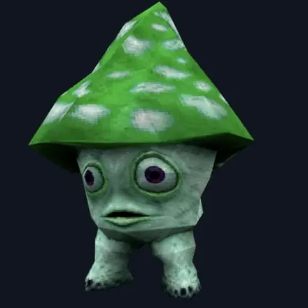 shroomba on channel one, upright, damp, aware that it is being filmed