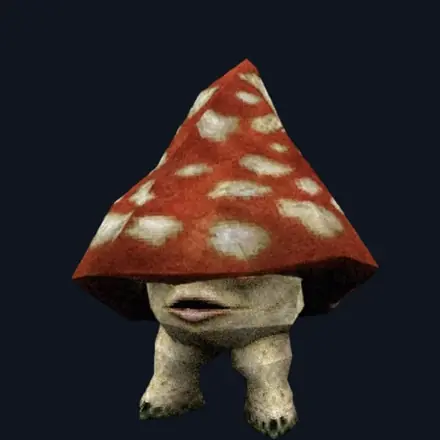 shroomba on channel two, cap fully red, eyes gone somewhere else entirely